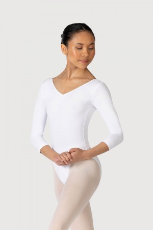 Women's Bloch Page Gathered ¾ Sleeve Leotards White | MYJZR71573