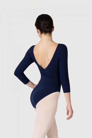 Women's Bloch Page Gathered ¾ Sleeve Leotards Navy | MYQAV33822