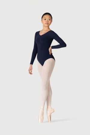 Women's Bloch Parla Gathered Long Sleeve Leotards Navy | MYIIZ40534