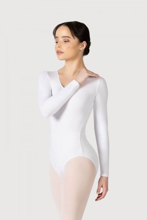 Women's Bloch Parla Gathered Long Sleeve Leotards White | MYXBR57070