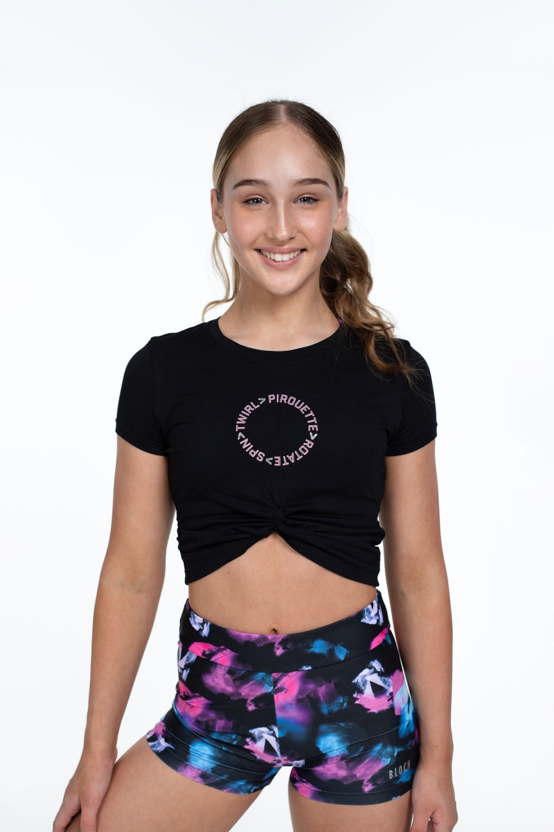 Kids\' Bloch Flo Active Mock Tie Crop Tee Tops Black | MYIIZ38112