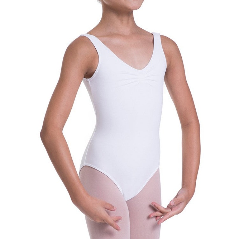 Kids' Bloch Overture Odetta Sleeveless Pleat Leotards White | GMYUC30872