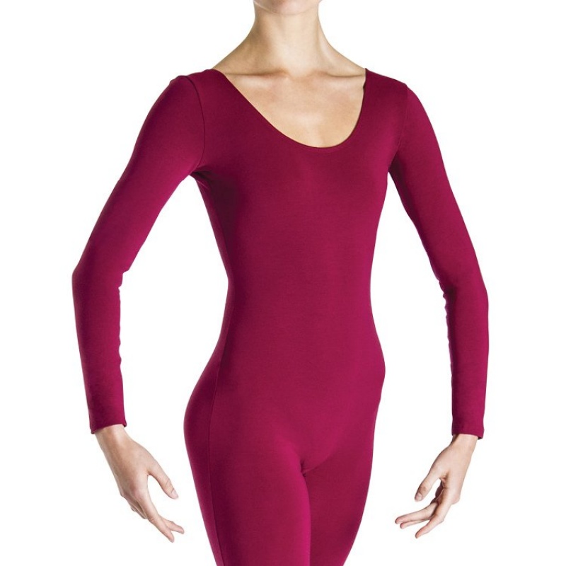 Women's Bloch Eugene Long Sleeve Scoop Unitards Burgundy | MYCIF42092