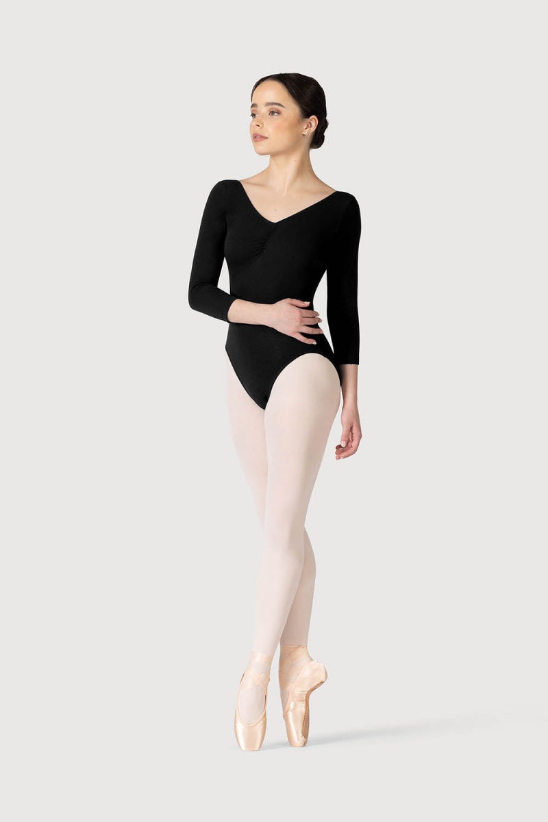 Women's Bloch Page Gathered ¾ Sleeve Leotards Black | MYJKU64777