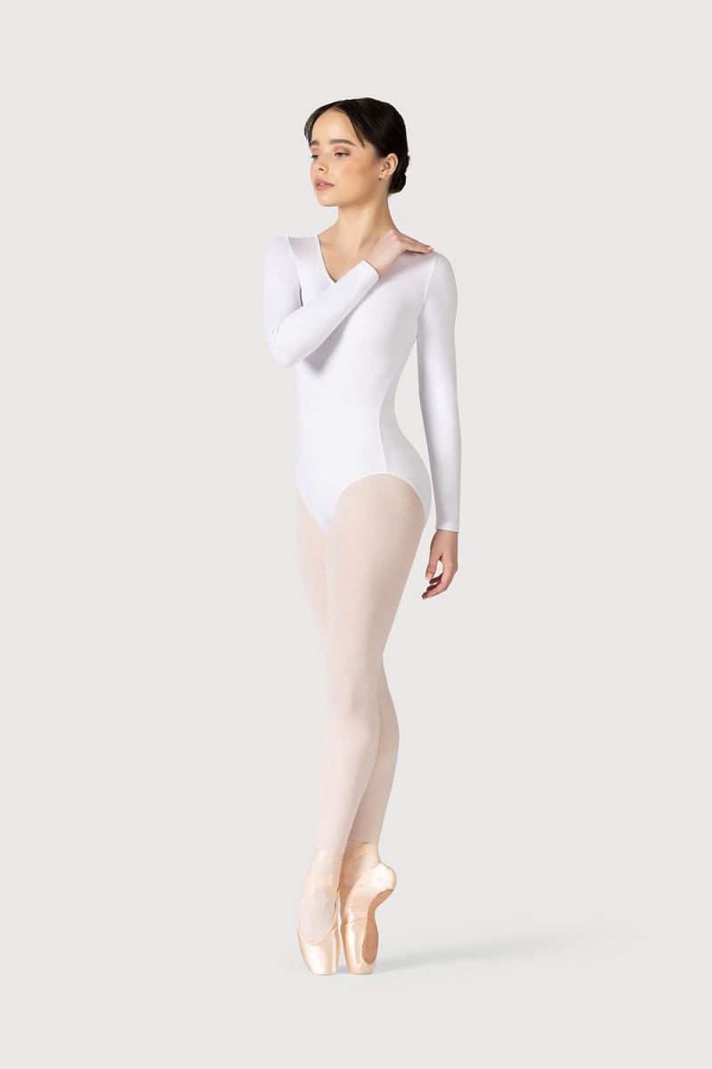 Women's Bloch Parla Gathered Long Sleeve Leotards White | MYXBR57070